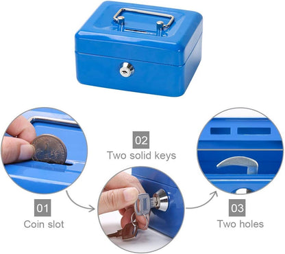Luxtrous Metal Cash Box with Slot for Kids, Small Money Box with Removable Money Tray & Key Lock Perfect Secure Storage for Loose Change (6") Blue