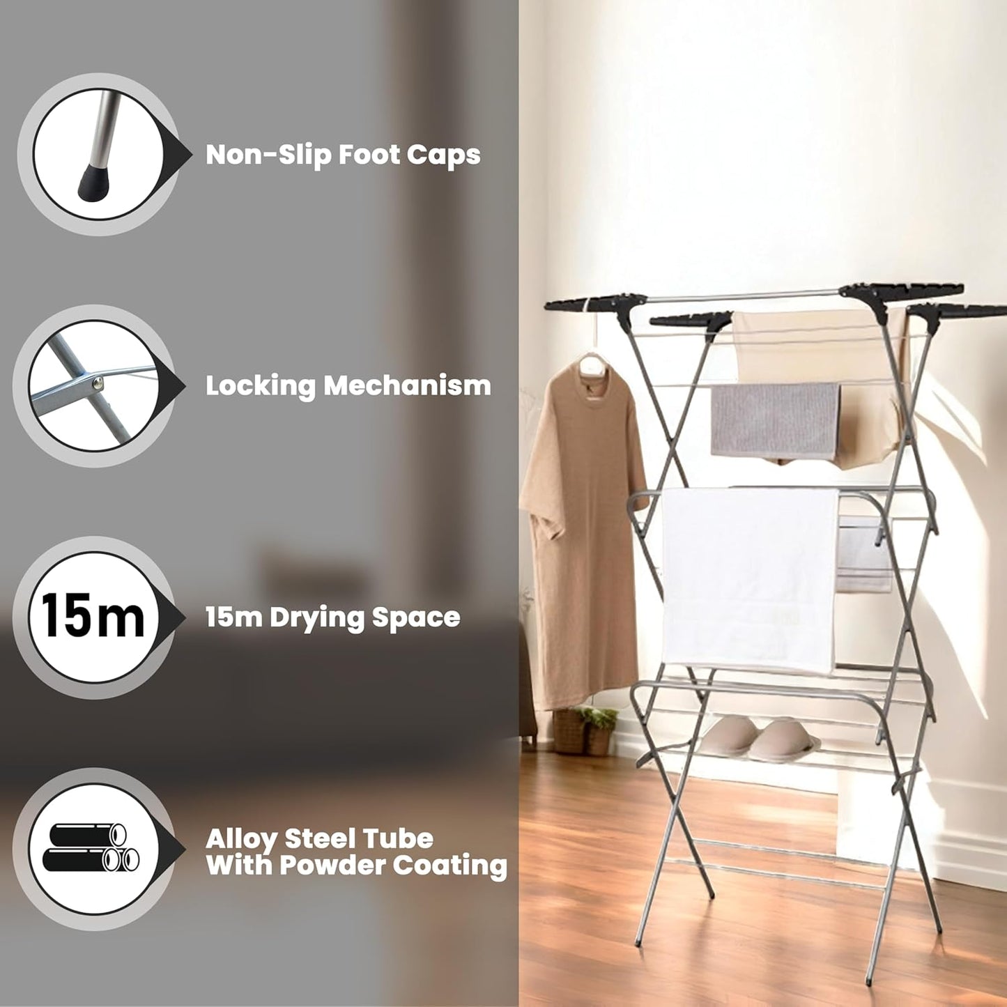 Aspect Clothes Airer,Clothes Drying Rack, 3 Tier Clothes Airer Indoor Cloth Airer With Extra Wings, Non-Slip Wet Clothes Dryer, Folding Clothes Horse Indoor and Outdoor All Weather Laundry Rack