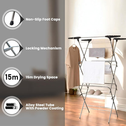 Aspect Clothes Airer,Clothes Drying Rack, 3 Tier Clothes Airer Indoor Cloth Airer With Extra Wings, Non-Slip Wet Clothes Dryer, Folding Clothes Horse Indoor and Outdoor All Weather Laundry Rack
