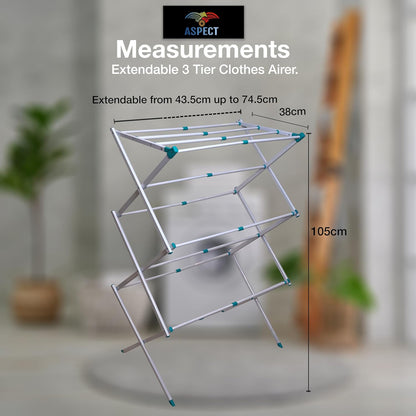 Aspect Expandable Clothes Drying Rack, Clothes Airer, Foldable Laundry Drying Rack, 3-Tier Collapsible Clothing Dryer, Adjustable Towel Rack for Air Drying Clothing, suitable for indoor