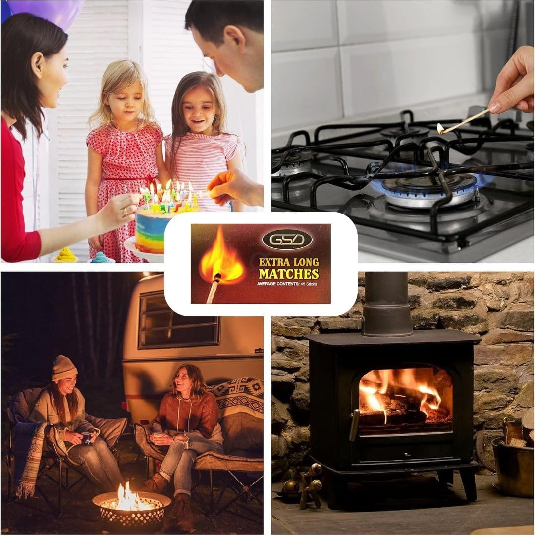 Luxtrous Extra Long Safety Matches 45 Matches Per Box Long-Lasting Camping Matches for Wood Burners, Fire Pits, Ovens, Extra Strong BBQ Fire Lighters (Pack of 6)