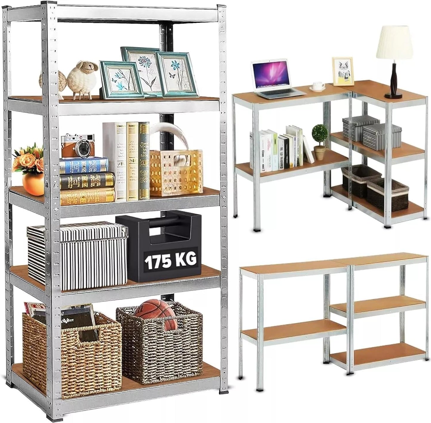 LUXTROUS Garage Shelving Units 5-Tier Storage Shelves, 175kg Per Shelf, 5mm MDF Boards, Shed Storage Racking Shelf Adjustable Metal Boltless Design for Living Room,Office(Silver,70x30x150cm)