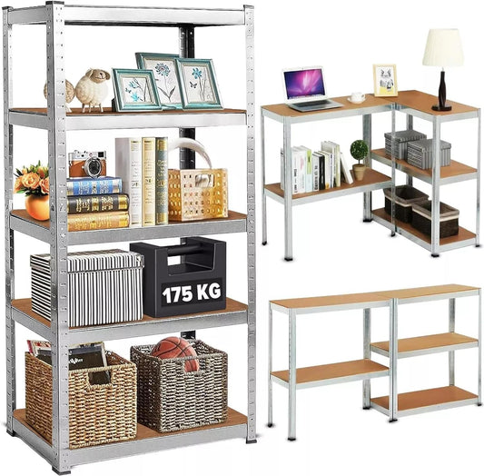 LUXTROUS Garage Shelving Units 5-Tier Storage Shelves, 175kg Per Shelf, 5mm MDF Boards, Shed Storage Racking Shelf Adjustable Metal Boltless Design for Living Room,Office(Silver,70x30x150cm)