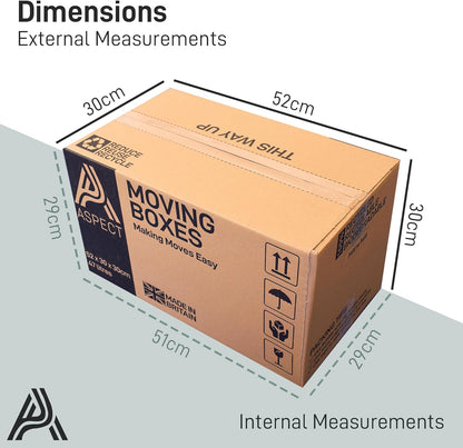 Aspect 5 Strong Large Cardboard Storage for Moving House 52cm x 30cm x 30cm Storage Packing Boxes With Lids Storage Boxes for Packing With Carry Handles - 47 Litres
