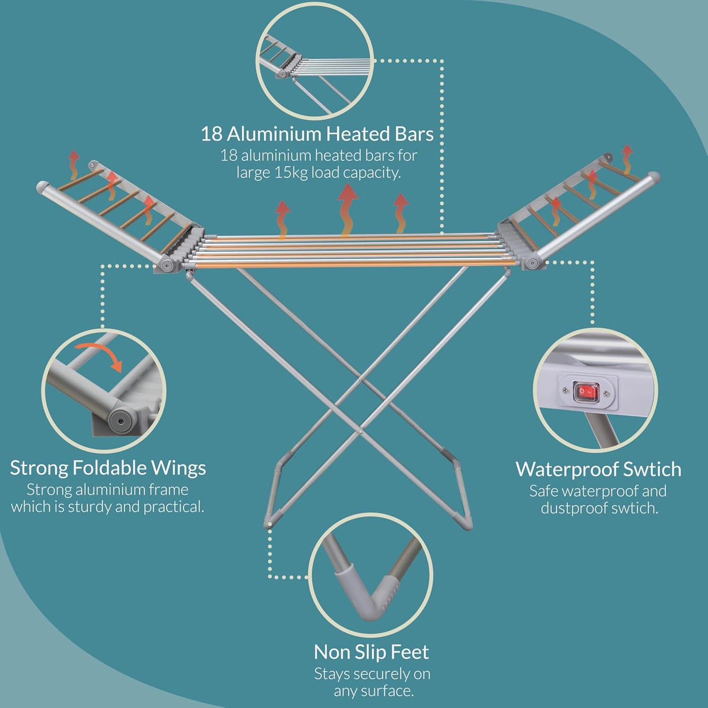 Aspect Heated Clothes Airer Fold out winged Indoor Clothes Airer | Clothes Drying Rack | Low Running Cost Airer 12M drying space | Speed Drying