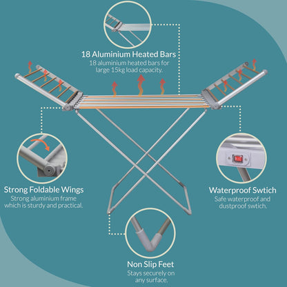 Aspect Heated Clothes Airer Fold out winged Indoor Clothes Airer | Clothes Drying Rack | Low Running Cost Airer 12M drying space | Speed Drying