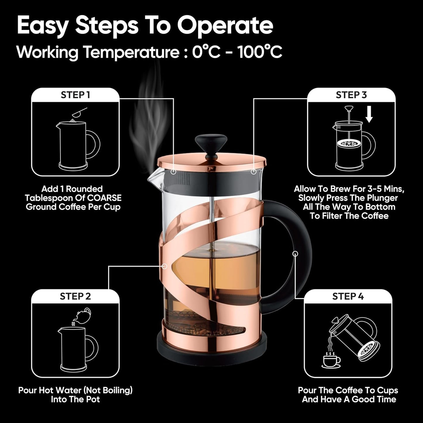 Aspect 8 cup Cafetiere, Coffee Press, French Press Maker for Filter Coffee, Loose Tea and Milk Froth, 3 Level Stainless Steel Filter, Heat Resistant Borosilicate Glass (0.6L - Rose Gold)