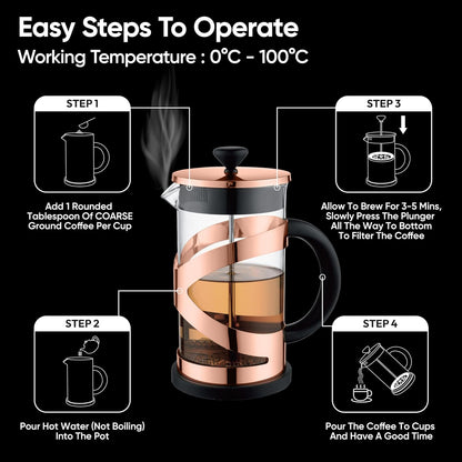 Aspect 8 cup Cafetiere, Coffee Press, French Press Maker for Filter Coffee, Loose Tea and Milk Froth, 3 Level Stainless Steel Filter, Heat Resistant Borosilicate Glass (0.6L - Rose Gold)