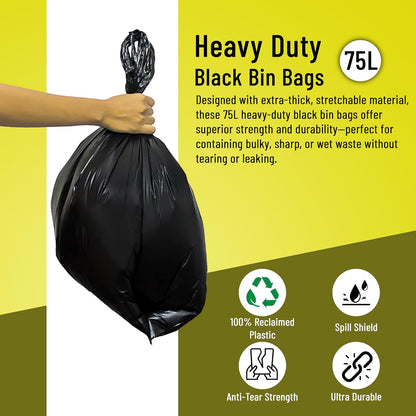 Aspect Black Bin Bags 100 Count Heavy Duty for Household Garbage Capacity 75L–Strong Black Refuse Sacks–Bin Liners for Everyday use, Office, Kitchen, Restaurant–Rubbish Garbage Bags(72x85cm)