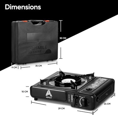 Aspect Camping Stove Portable With 4 Butane Gas Camp Kitchen Equipment Single Burner Outdoor/Indoor - Camping Stove with Automatic Ignition & Heat Control - Cooking Grill, Picnics, BBQ – Black