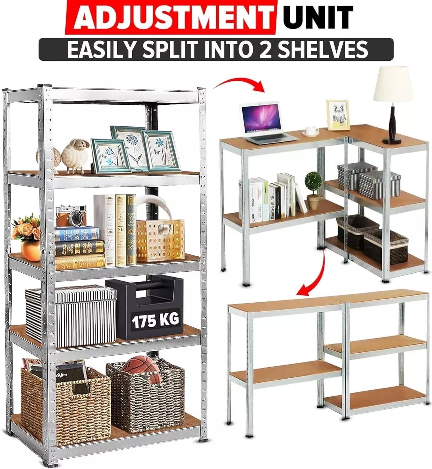 LUXTROUS Garage Shelving Units 5-Tier Storage Shelves, 175kg Per Shelf, 5mm MDF Boards, Shed Storage Racking Shelf Adjustable Metal Boltless Design for Living Room,Office(Silver,70x30x150cm)