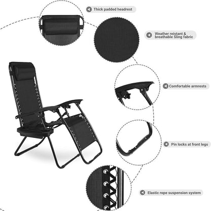 Aspect Zero Gravity Lounger Chair, Outdoor & Garden Sunloungers, Folding Reclining Patio Chair, Cup Holder, Soft Cushion and Headrest for Poolside, Camping, Coffee (Recliner Chair - Black)