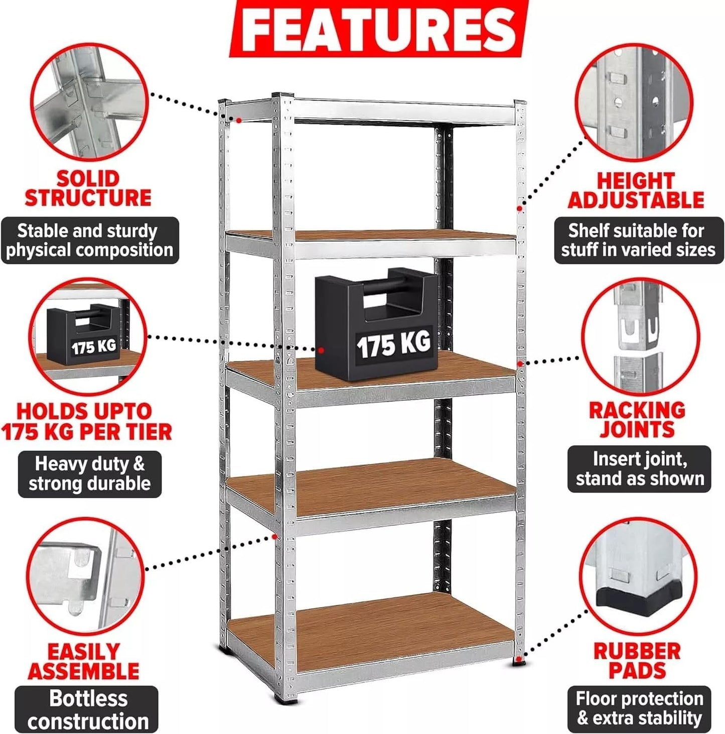 LUXTROUS Garage Shelving Units 5-Tier Storage Shelves, 175kg Per Shelf, 5mm MDF Boards, Shed Storage Racking Shelf Adjustable Metal Boltless Design for Living Room,Office(Silver,70x30x150cm)
