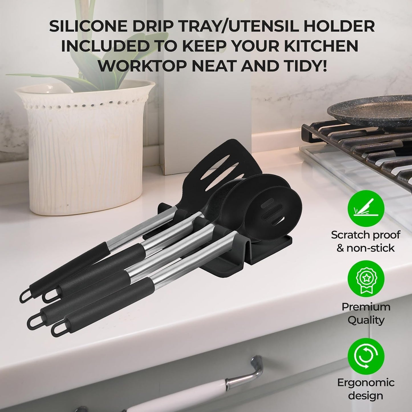 Luxtrous Kitchen Utensils Set | Utensils Black Kitchen Set with Holder & Drip Pad | Silicone Utensils | Silicone Spatula, Spoon, Spaghetti Server, Ladle | Scratch Proof NonStick Kitchen Spoons | 8 pcs