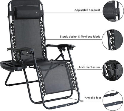 Aspect Zero Gravity Lounger Chair, Outdoor & Garden Sunloungers, Folding Reclining Patio Chair, Cup Holder, Soft Cushion and Headrest for Poolside, Camping, Coffee (Recliner Chair - Black)