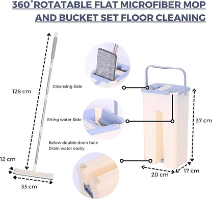 Luxtrous Floor Mop and Bucket Set Easy Flash Speed Mop with Squeeze Bucket Flat Mop for Floor Cleaning, Mini Dustpan and Brush Set 360 Rotating Head with 2 Micro fibre Pad.