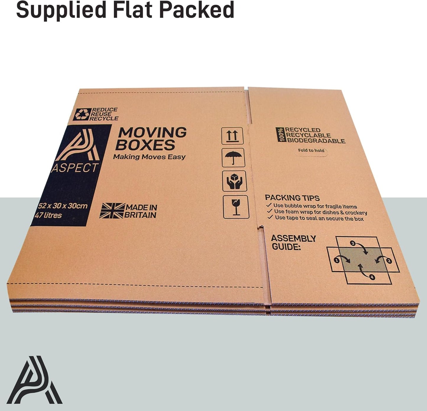 Aspect 5 Strong Large Cardboard Storage for Moving House 52cm x 30cm x 30cm Storage Packing Boxes With Lids Storage Boxes for Packing With Carry Handles - 47 Litres