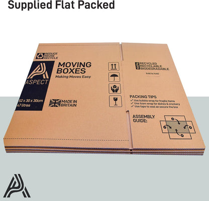 Aspect 5 Strong Large Cardboard Storage for Moving House 52cm x 30cm x 30cm Storage Packing Boxes With Lids Storage Boxes for Packing With Carry Handles - 47 Litres