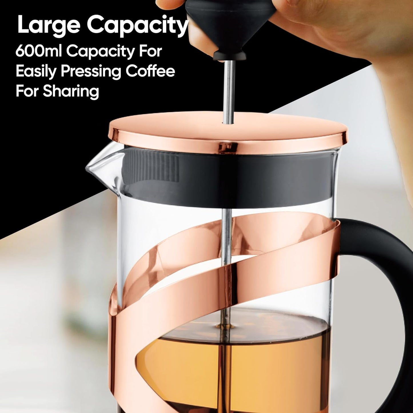 Aspect 8 cup Cafetiere, Coffee Press, French Press Maker for Filter Coffee, Loose Tea and Milk Froth, 3 Level Stainless Steel Filter, Heat Resistant Borosilicate Glass (0.6L - Rose Gold)