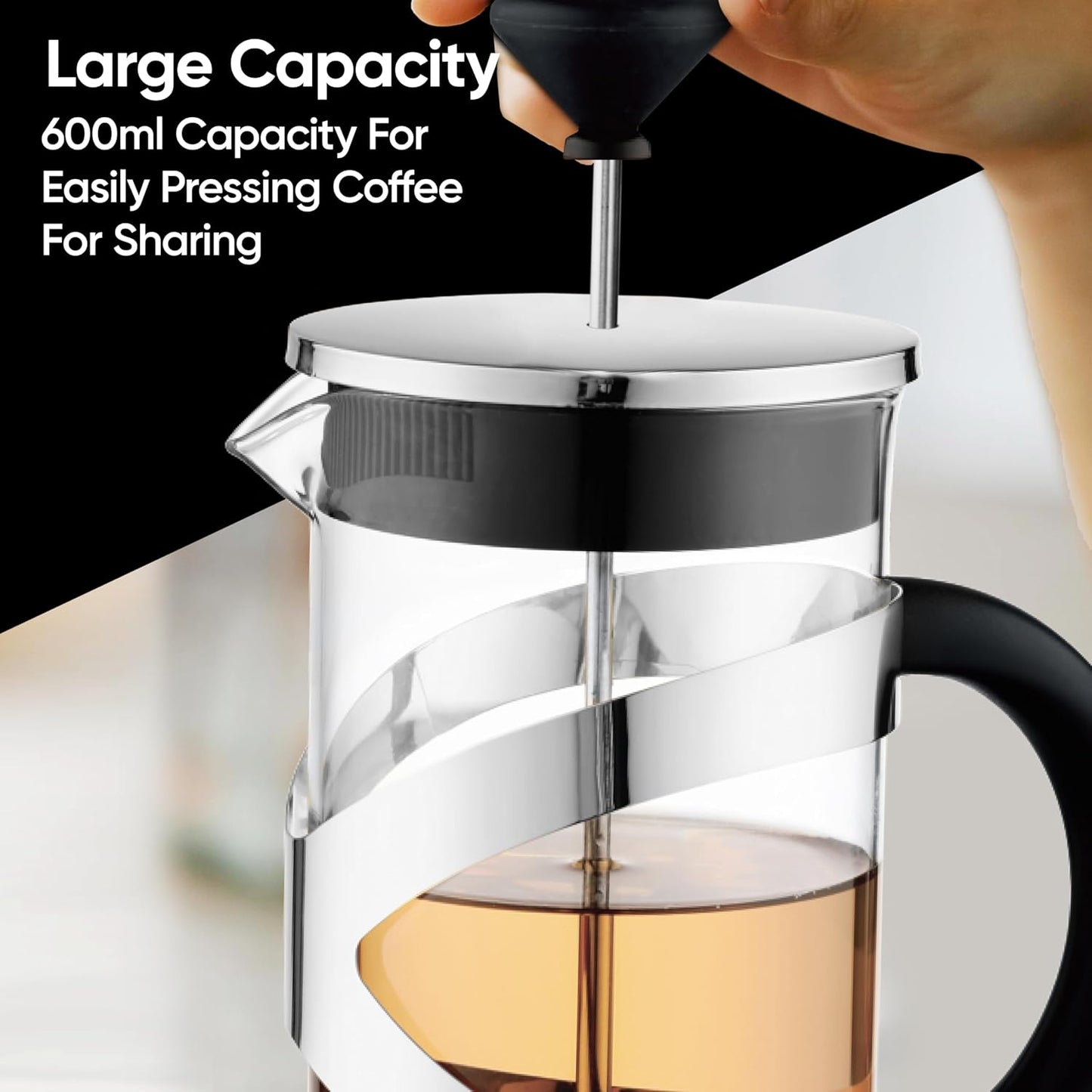 Aspect Cafetiere 8 cup, Coffee Press, French Press Maker for Filter Coffee, Loose Tea and Milk Froth, 3 Level Stainless Steel Filter, Heat Resistant Borosilicate Glass (0.6L - Silver)