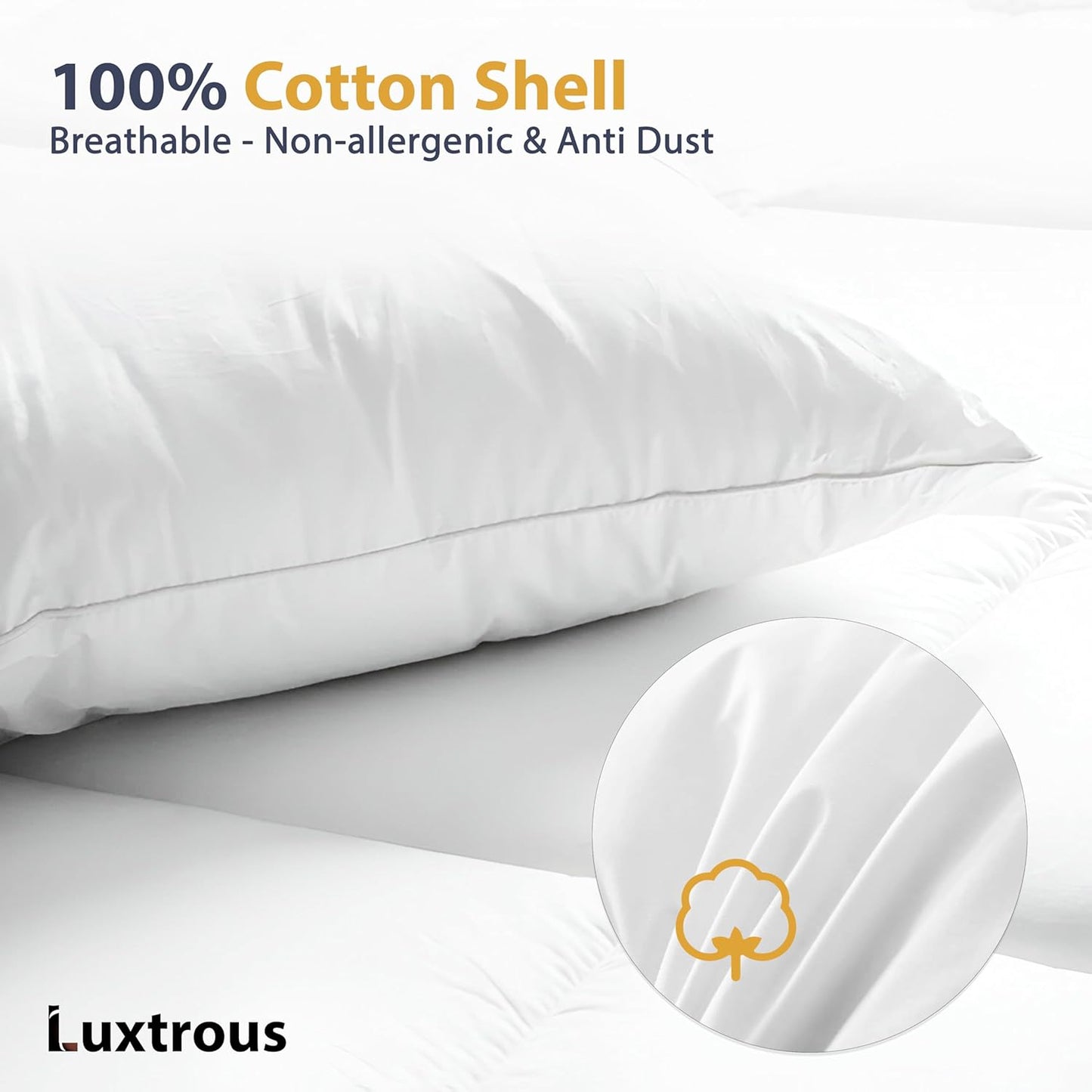 LUXTROUS Luxury Goose Feather and Down Pillow Pair with 100% Cotton Cover 2 Pack Pillows with Dual Layer Cover - Goose Down with Downproof, Soft Quality Feather 85% Goose Feather 15% Goose Down