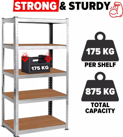 LUXTROUS Garage Shelving Units 5-Tier Storage Shelves, 175kg Per Shelf, 5mm MDF Boards, Shed Storage Racking Shelf Adjustable Metal Boltless Design for Living Room,Office(Silver,70x30x150cm)