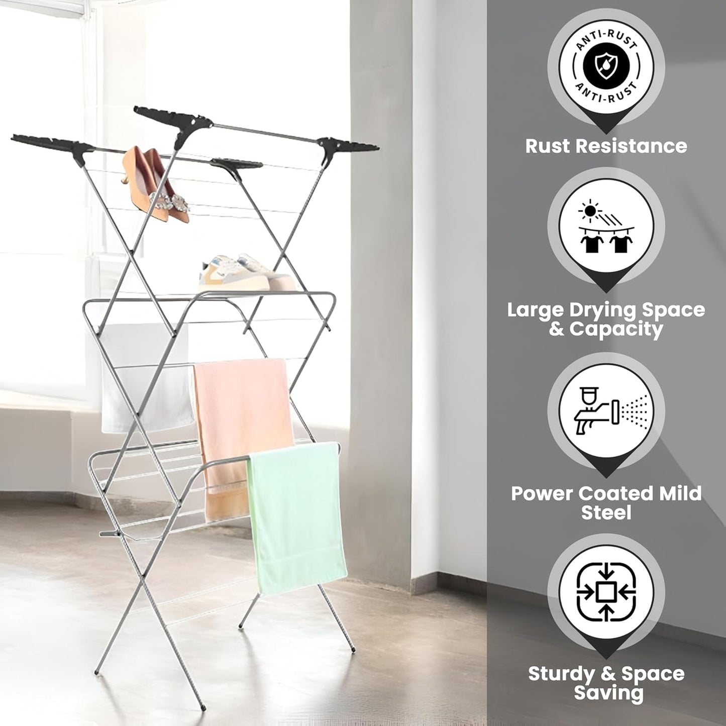 Aspect Clothes Airer,Clothes Drying Rack, 3 Tier Clothes Airer Indoor Cloth Airer With Extra Wings, Non-Slip Wet Clothes Dryer, Folding Clothes Horse Indoor and Outdoor All Weather Laundry Rack