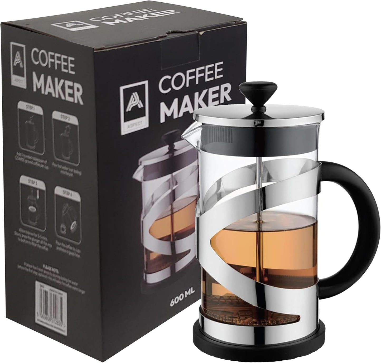 Aspect Cafetiere 8 cup, Coffee Press, French Press Maker for Filter Coffee, Loose Tea and Milk Froth, 3 Level Stainless Steel Filter, Heat Resistant Borosilicate Glass (0.6L - Silver)