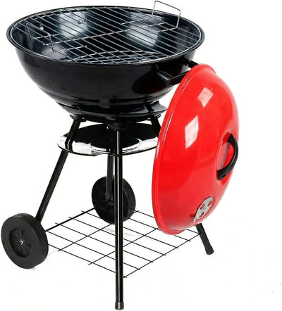 FINE GARDEN BBQ Grill, 17" Kettle Charcoal BBQ Grill with Wheels & Lid, Portable Trolley Barbecue with Adjustable Vent, Ash Catcher & Storage Rack, Outdoor Garden BBQ (Red/Black)