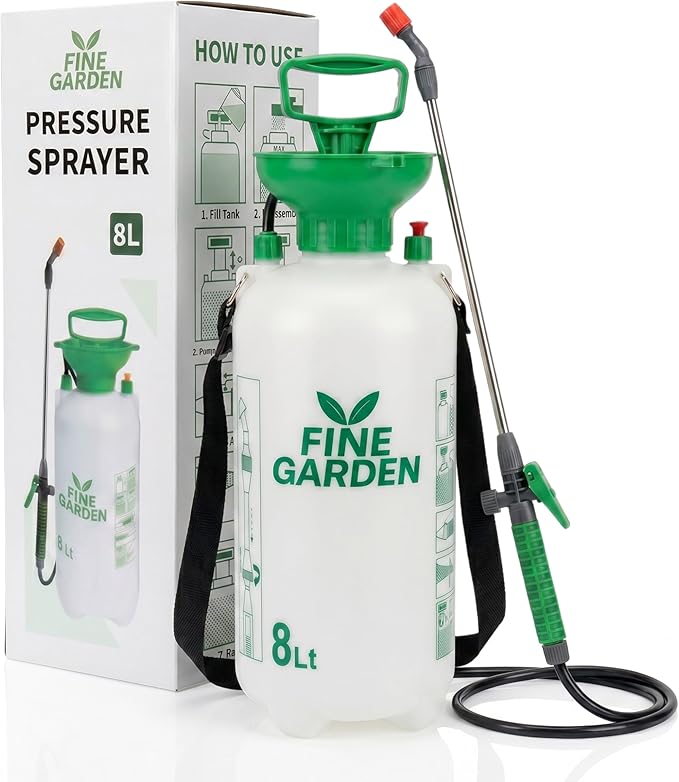 FINE GARDEN 8L Garden Sprayer, Pressure Sprayer With Adjustable Lance & Nozzle & Shoulder Strap, Weed Sprayer Pump for Weed Killer, Patio Cleaner, Ideal with Pesticides, Insecticides, Fungicides