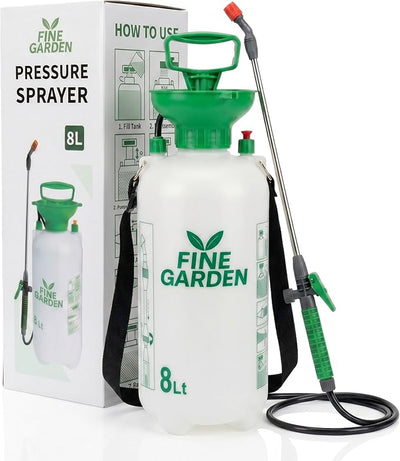 FINE GARDEN 8L Garden Sprayer, Pressure Sprayer With Adjustable Lance & Nozzle & Shoulder Strap, Weed Sprayer Pump for Weed Killer, Patio Cleaner, Ideal with Pesticides, Insecticides, Fungicides