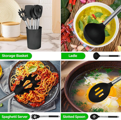 Luxtrous Kitchen Utensils Set | Utensils Black Kitchen Set with Holder & Drip Pad | Silicone Utensils | Silicone Spatula, Spoon, Spaghetti Server, Ladle | Scratch Proof NonStick Kitchen Spoons | 8 pcs