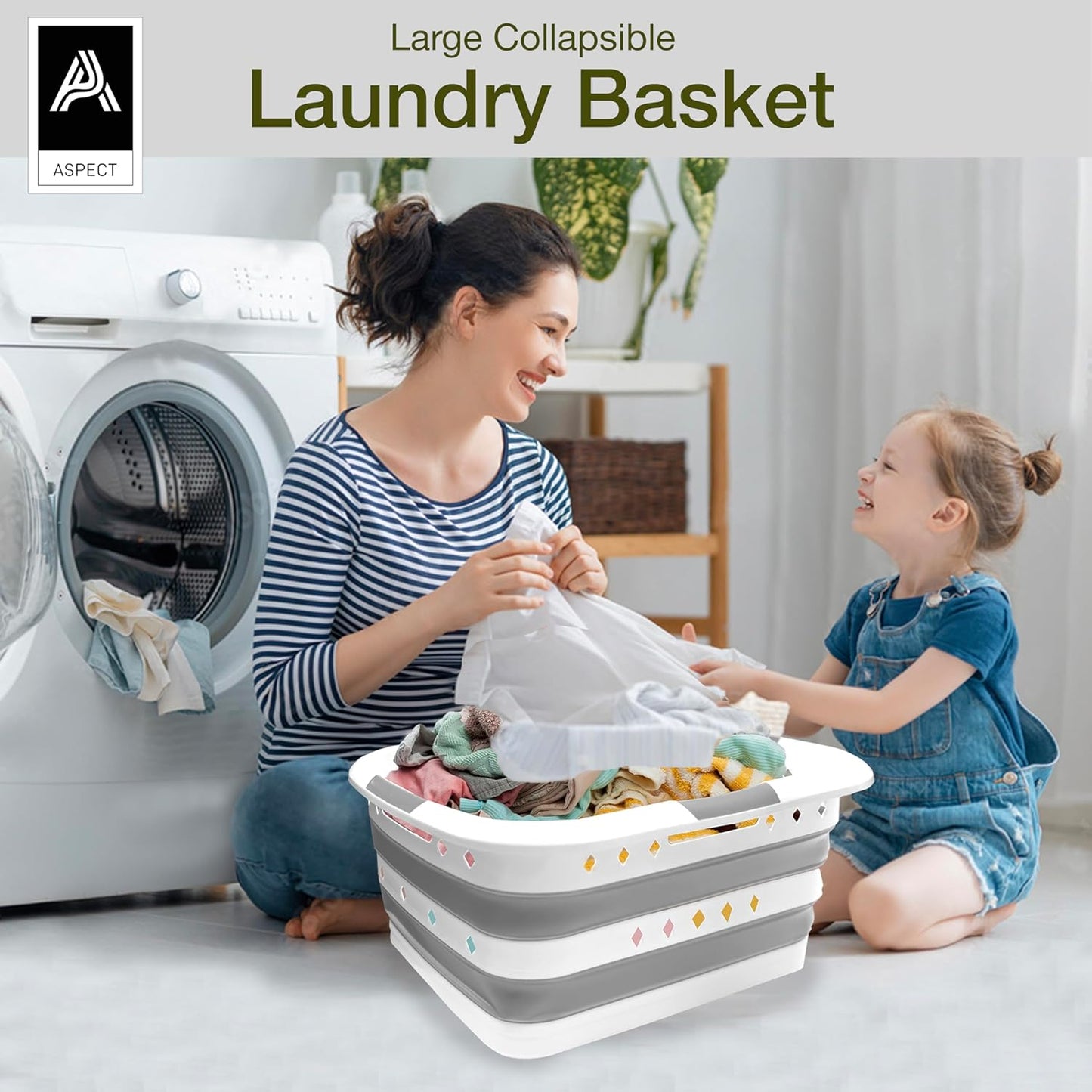 Aspect 67L Collapsible & Portable Laundry Basket | Convenient and Easy Space Saving Storage with Durable Plastic Handles | Preserve Hygiene | Perfect for Laundry Sorting Grey & White