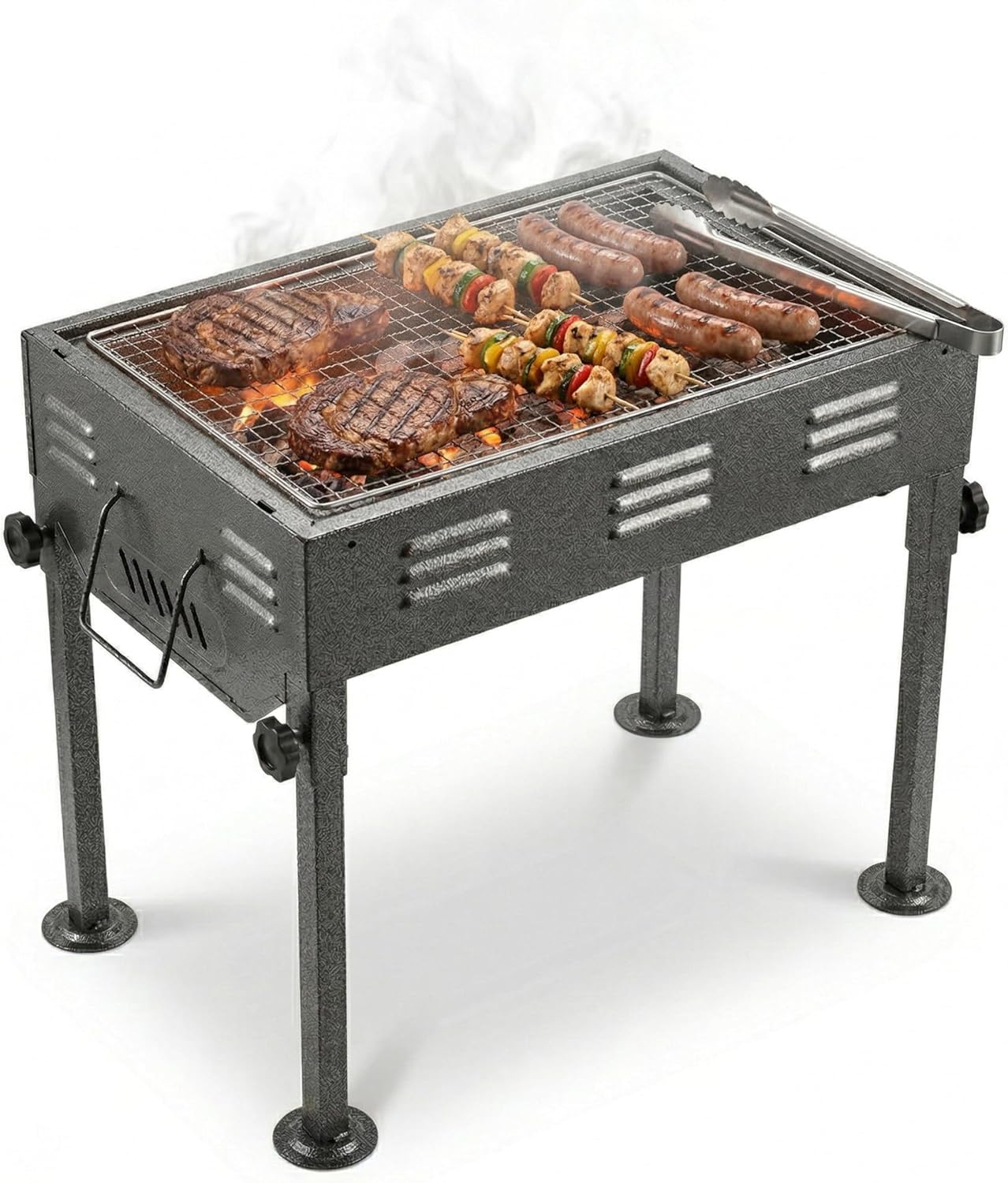 FINE GARDEN Portable Charcoal Barbecue Grill, Small BBQ Outdoor Garden Grill with Stand, Adjustable Height, Heavy Duty Steel Barbeque Grill for Camping, Travel, Picnic (46x30x50cm, Black)