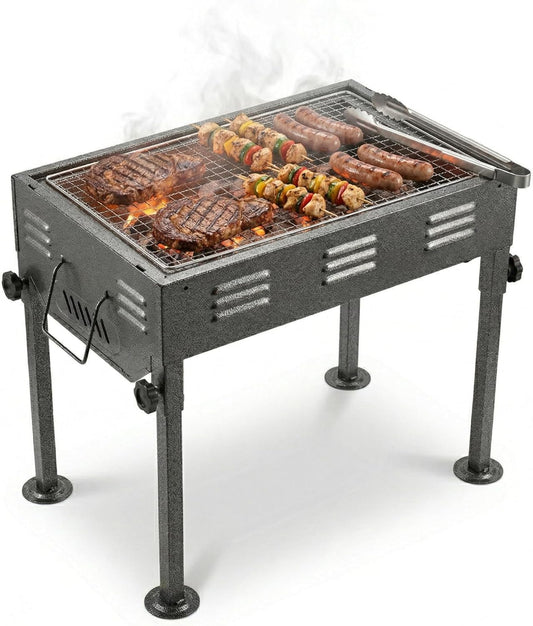 FINE GARDEN Portable Charcoal Barbecue Grill, Small BBQ Outdoor Garden Grill with Stand, Adjustable Height, Heavy Duty Steel Barbeque Grill for Camping, Travel, Picnic (46x30x50cm, Black)