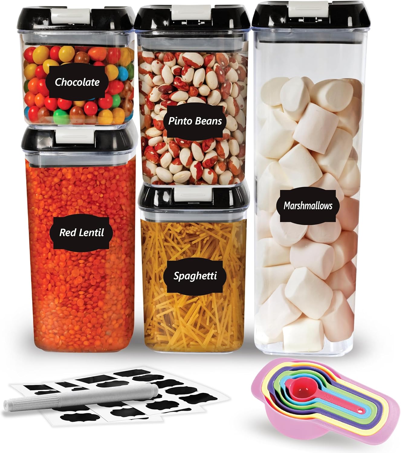 LUXTROUS Airtight Food Storage Containers Set Of 5 Pantry Organizers&Storage,Multisize Kitchen Storage Jars with 10 Labels&Measuring Spoons,Plastic Containers For Flour,Cereals,Sugar,Baking Supplies