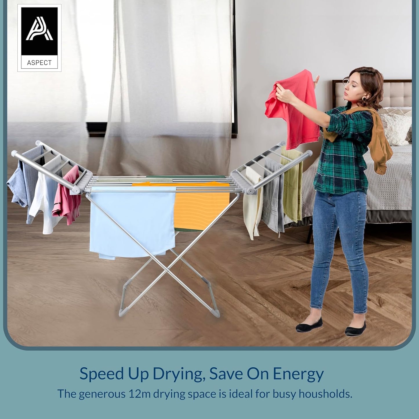Aspect Heated Clothes Airer Fold out winged Indoor Clothes Airer | Clothes Drying Rack | Low Running Cost Airer 12M drying space | Speed Drying