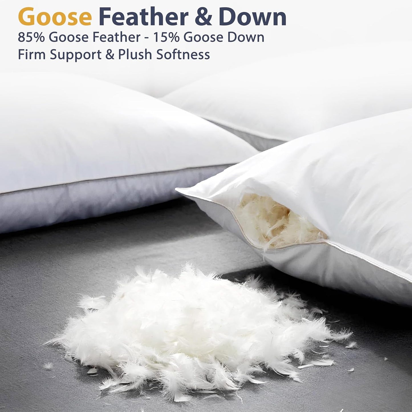 LUXTROUS Luxury Goose Feather and Down Pillow Pair with 100% Cotton Cover 2 Pack Pillows with Dual Layer Cover - Goose Down with Downproof, Soft Quality Feather 85% Goose Feather 15% Goose Down