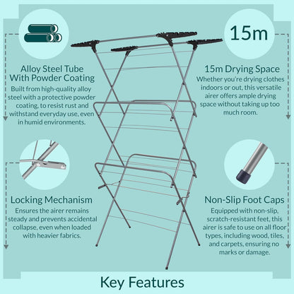 Aspect Clothes Airer,Clothes Drying Rack, 3 Tier Clothes Airer Indoor Cloth Airer With Extra Wings, Non-Slip Wet Clothes Dryer, Folding Clothes Horse Indoor and Outdoor All Weather Laundry Rack