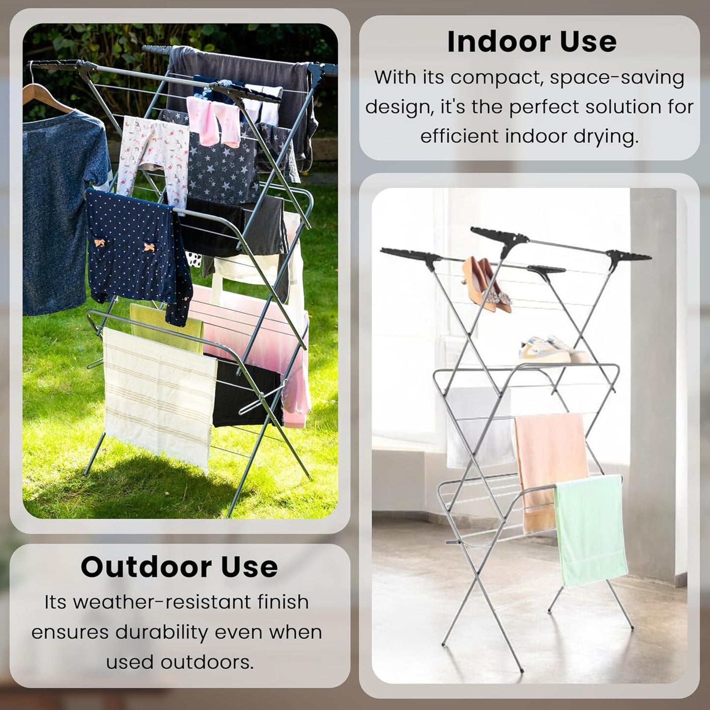 Aspect Clothes Airer,Clothes Drying Rack, 3 Tier Clothes Airer Indoor Cloth Airer With Extra Wings, Non-Slip Wet Clothes Dryer, Folding Clothes Horse Indoor and Outdoor All Weather Laundry Rack