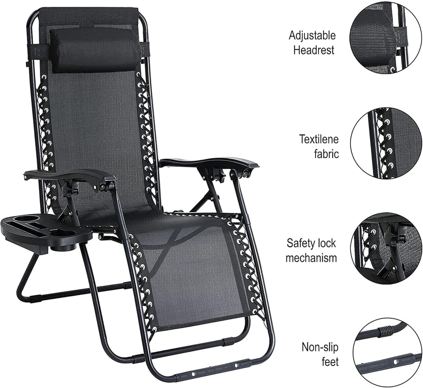 Aspect Zero Gravity Lounger Chair, Outdoor & Garden Sunloungers, Folding Reclining Patio Chair, Cup Holder, Soft Cushion and Headrest for Poolside, Camping, Coffee (Recliner Chair - Black)