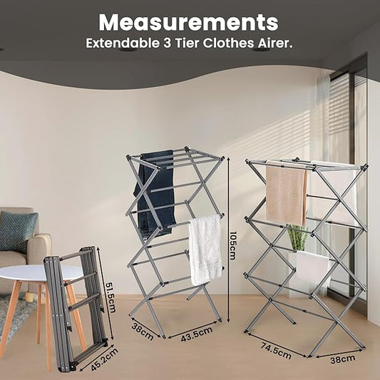 LUXTROUS Expandable Clothes Drying Rack-Foldable 3-Tier Laundry Drying Rack, Adjustable Towel Rack Air Drying Clothing - Indoor & Outdoor Foldable Drying Racks Horse Airer, Grey