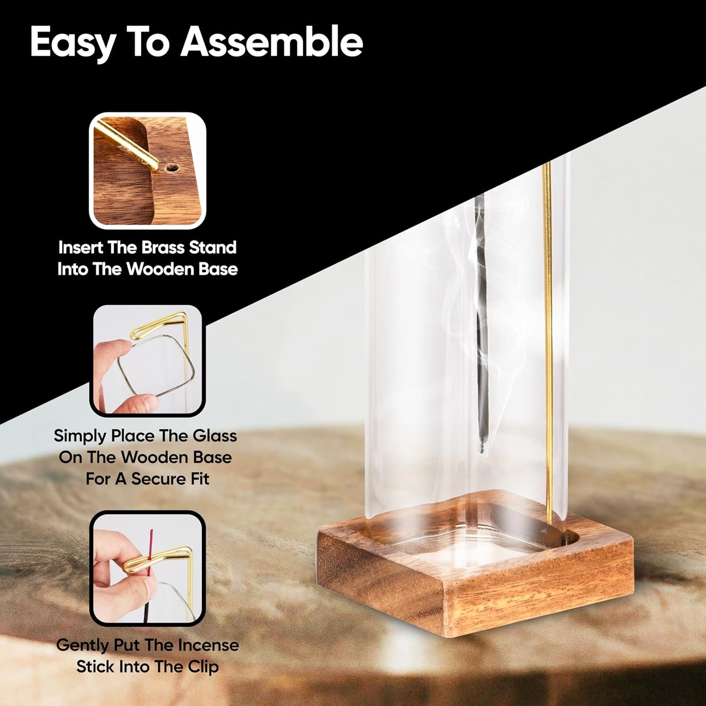 Aspect Incense Holder for Sticks with Removable Glass Ash Catcher, Upgrade Wooden Mess-Free Incense Stick Burner Holder for Yoga Spa Meditation and Home Relaxation (Square)