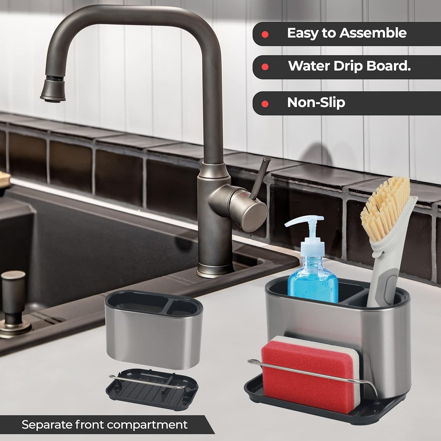 LUXTROUS Sink Caddy Organiser, Stainless Steel Kitchen Organiser, Practical Dishwashing Utensils Storage, Quality Kitchen Organiser, Sink Organiser for Washing Up Brushes, Cloths and Sponges, 51734