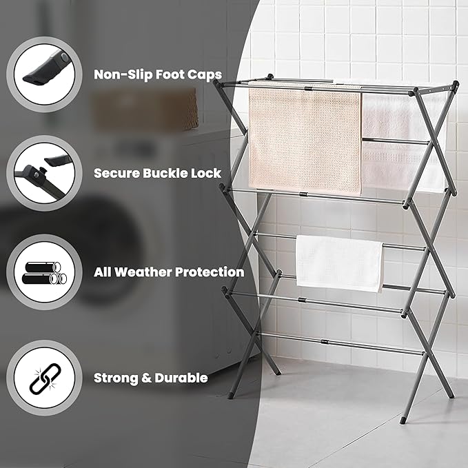LUXTROUS Expandable Clothes Drying Rack-Foldable 3-Tier Laundry Drying Rack, Adjustable Towel Rack Air Drying Clothing - Indoor & Outdoor Foldable Drying Racks Horse Airer, Grey