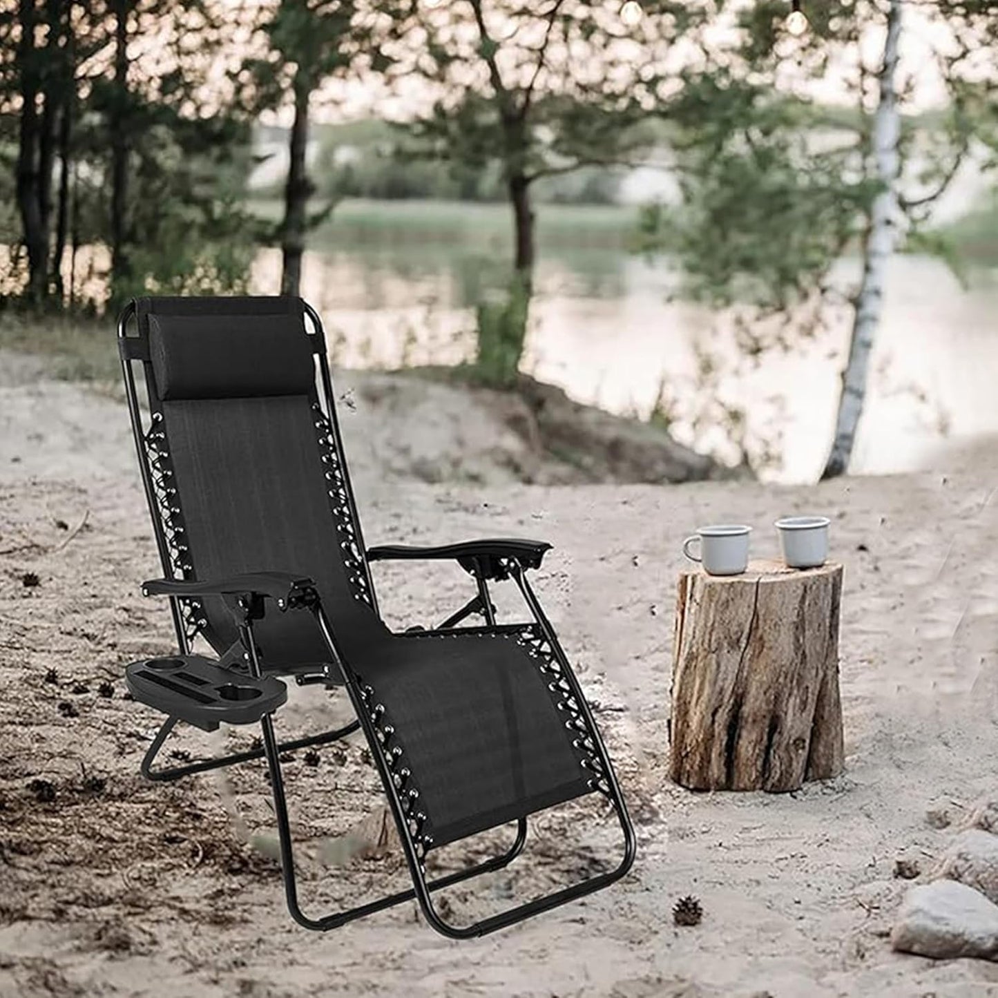 Aspect Zero Gravity Lounger Chair, Outdoor & Garden Sunloungers, Folding Reclining Patio Chair, Cup Holder, Soft Cushion and Headrest for Poolside, Camping, Coffee (Recliner Chair - Black)