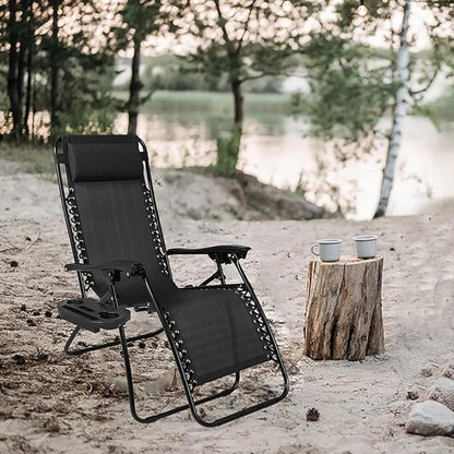Aspect Zero Gravity Lounger Chair, Outdoor & Garden Sunloungers, Folding Reclining Patio Chair, Cup Holder, Soft Cushion and Headrest for Poolside, Camping, Coffee (Recliner Chair - Black)