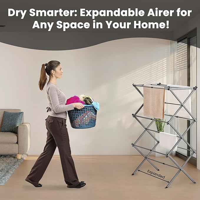 LUXTROUS Expandable Clothes Drying Rack-Foldable 3-Tier Laundry Drying Rack, Adjustable Towel Rack Air Drying Clothing - Indoor & Outdoor Foldable Drying Racks Horse Airer, Grey