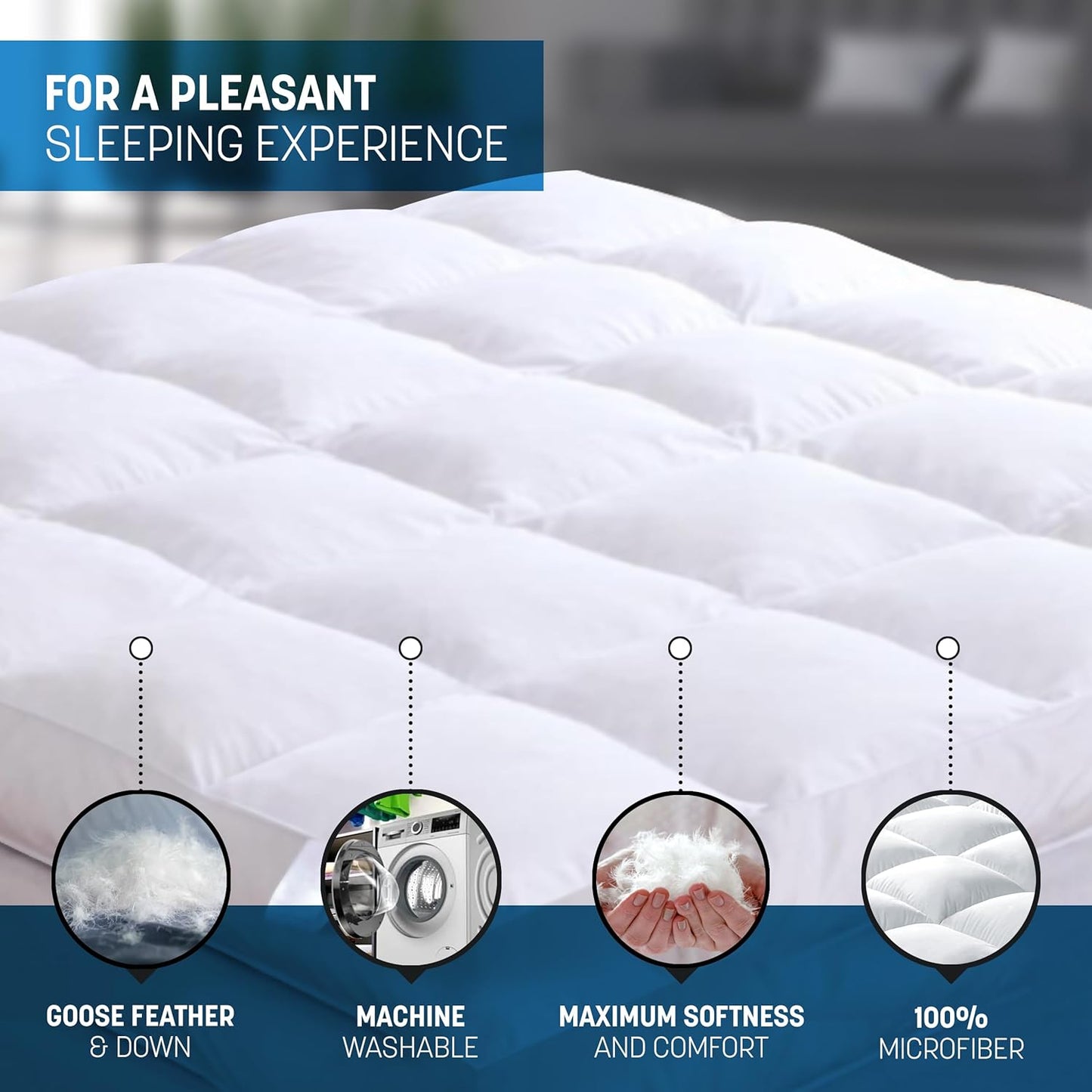 Luxtrous Mattress Topper Double Bed 12.5cm Premium White filled 85% goose feather and 15% down Quilted Extra Deep Ultra Fluffy and Breathable Strong Elastic Bands Fit up to 40cm(Double)