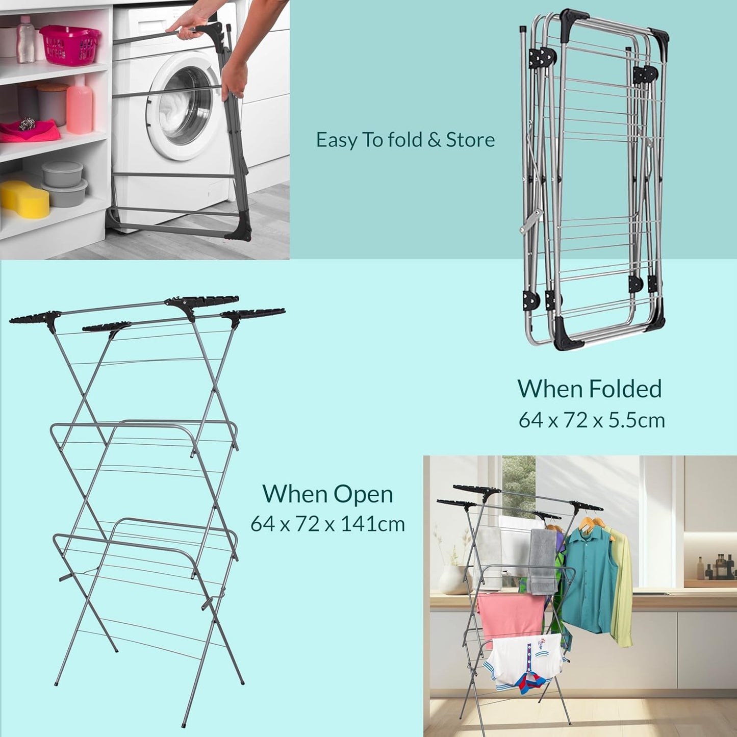 Aspect Clothes Airer,Clothes Drying Rack, 3 Tier Clothes Airer Indoor Cloth Airer With Extra Wings, Non-Slip Wet Clothes Dryer, Folding Clothes Horse Indoor and Outdoor All Weather Laundry Rack